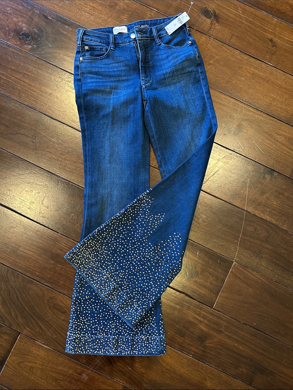 Anthropology Pilcro Women's Dark Blue Flare Jeans with Rhinestone Hem